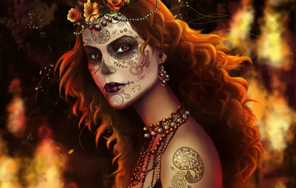 Picture look, girl, decoration, face, tattoo, art, beads, red hair