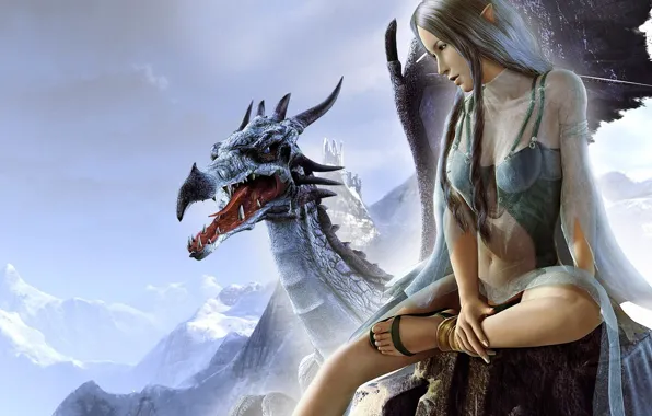 Picture girl, mountains, Dragon