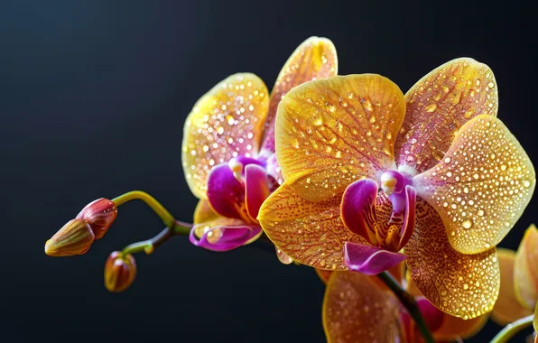 Drops, macro, flowers, the dark background, yellow, orchids, orange, buds