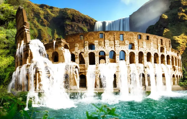 Greens, water, landscape, mountains, waterfall, Colosseum