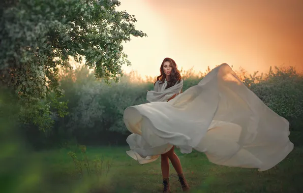 Road, flight, beautiful girl, nature, bokeh, a piece of cloth, Lera Of Vasiljeva, flowering tree