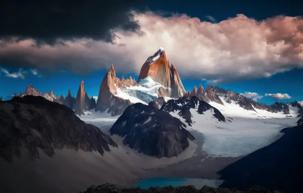 Snow, landscape, mountains, nature, lake, rendering, tops, art