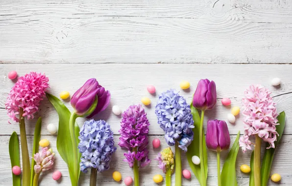 Picture flowers, spring, colorful, Easter, crocuses, tulips, wood, flowers