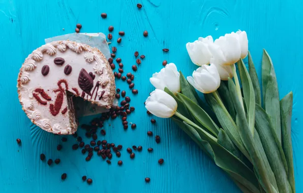 Coffee, grain, bouquet, tulips, cake, white, white, cake