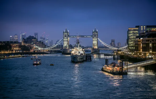 Bridge, lights, river, England, London, ships, Thames, Tower bridge