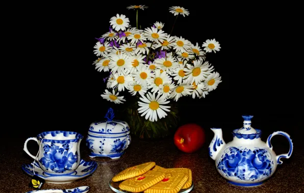 Flowers, tea, Apple, chamomile, cookies, spoon, Cup, black background