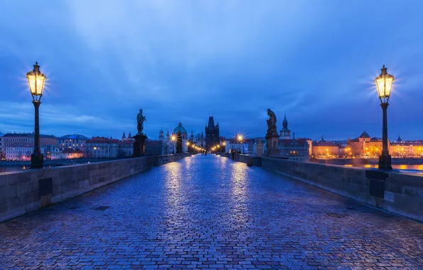 Night, bridge, lights, Prague, Czech Republic, lights, Charles bridge, Czech Republic
