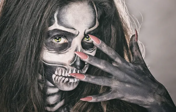Picture eyes, girl, face, style, hair, skull, hand, makeup