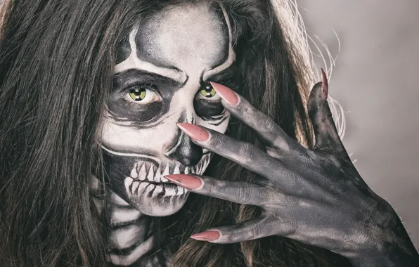 Eyes, girl, face, style, hair, skull, hand, makeup