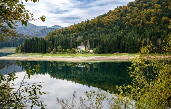 Autumn, forest, mountains, lake, house, reflection, shore, house