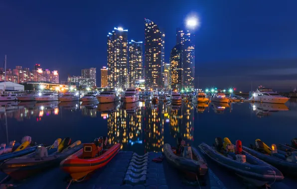 Water, the city, reflection, Marina, yachts, skyscrapers, boats, blur