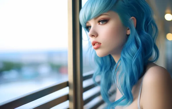 Girl, face, frame, portrait, makeup, window, blue hair, looking out the window