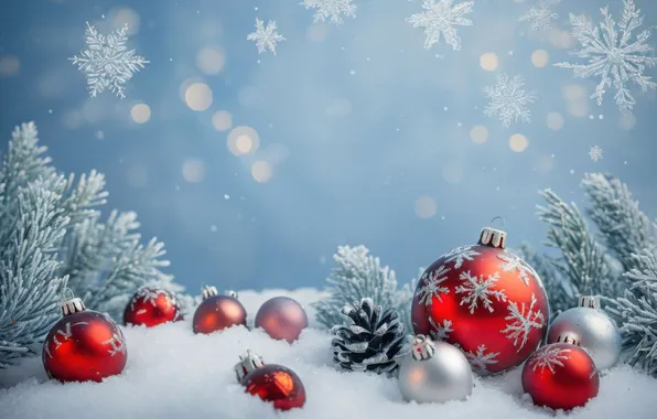 Winter, balls, snow, snowflakes, pattern, Christmas, the snow, red