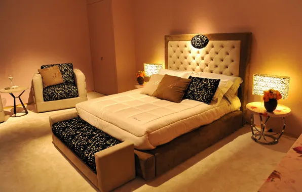 Picture room, bed, interior, pillow, lamp, table, bedroom