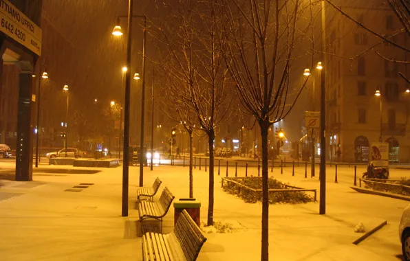 Snow, bench, night, the city, photo, lights, Italy, Milan