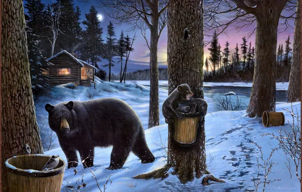 Winter, forest, nature, house, river, the moon, hut, bear
