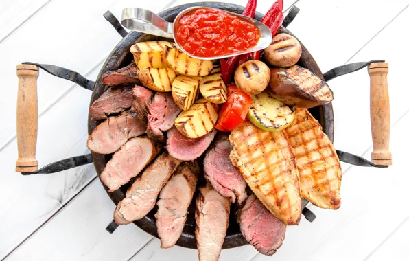Mushrooms, eggplant, meat, sauce, potatoes, grill