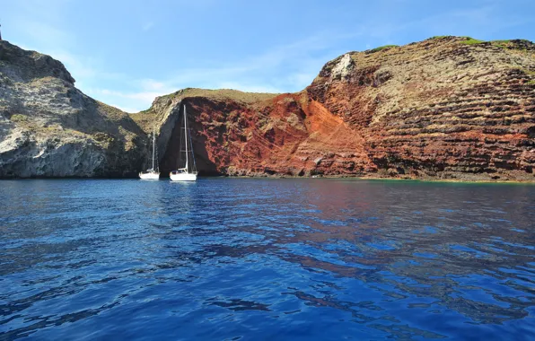 Picture sea, the sky, rocks, yacht