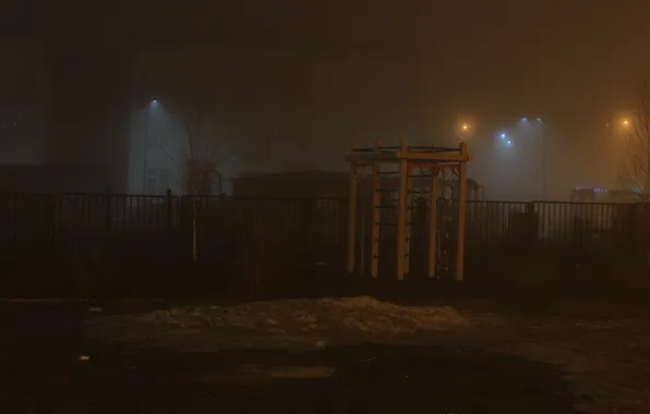 Night, fog, building, spring, lights, Russia, architecture, Stan