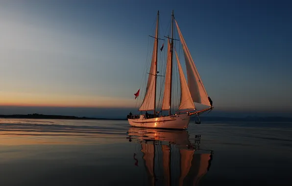 Sea, the sky, water, landscape, sunset, boat, calm, sailboat