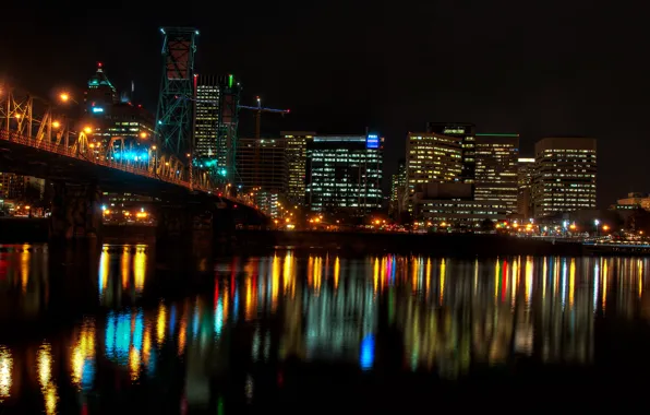 Water, night, bridge, the city, photo, home, USA, Portland