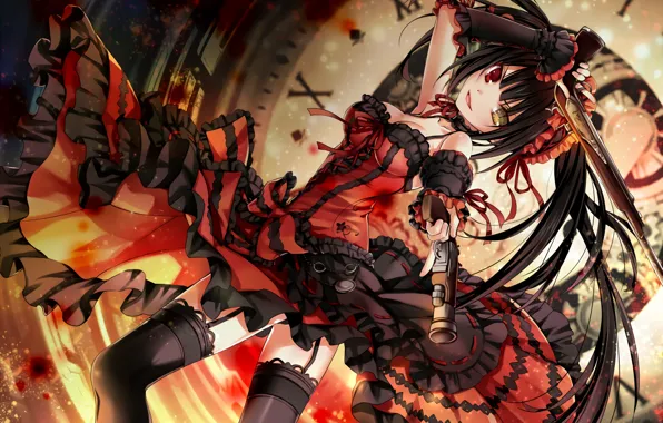 Girl, time, weapons, watch, spirit, stockings, dress, anime