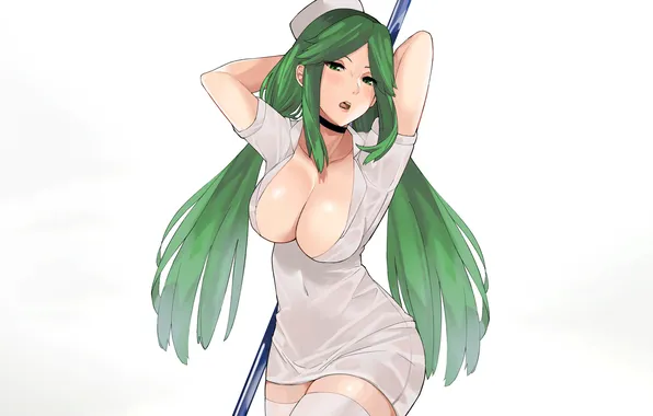 Girl, sexy, cleavage, thighhighs, green eyes, long hair, dress, boobs