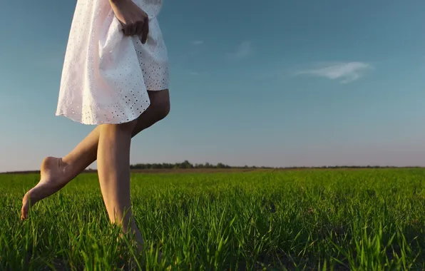 Greens, the sky, grass, girl, clouds, background, widescreen, Wallpaper