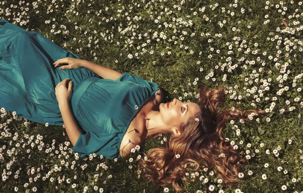 Field, girl, flowers, face, hair, chamomile, dress, lies