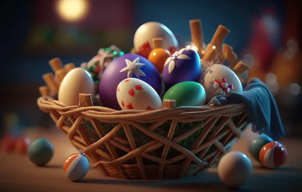 Picture basket, eggs, colorful, Easter, happy, background, Easter, eggs