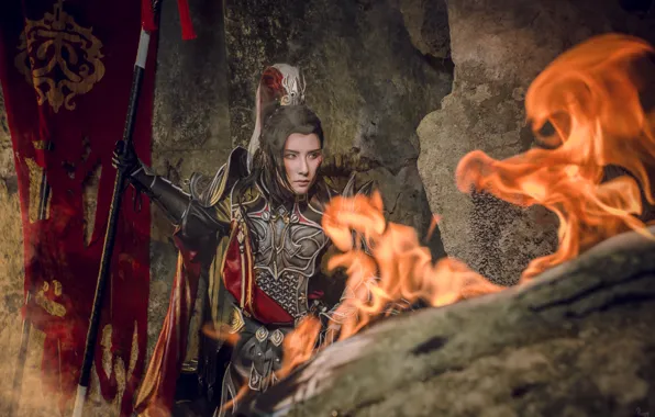 Fire, flame, armor, flag, male, spear, cosplay