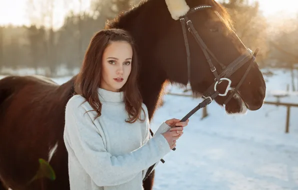 Picture winter, girl, horse