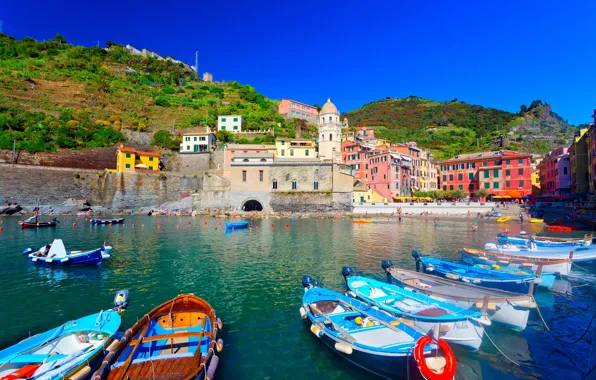 Sea, landscape, mountains, the city, home, boats, Italy, Vernazza