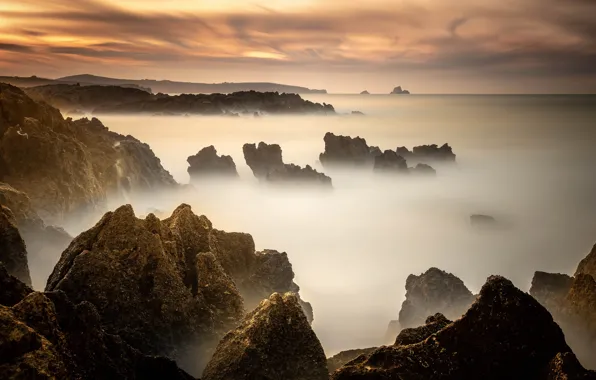 Sea, the sky, sunset, fog, stones, rocks, dawn, shore