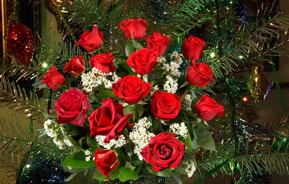 Picture roses, bouquet, New year, tree