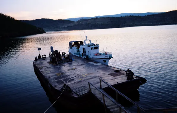 Sunset, Lake, pier, Baikal, boat