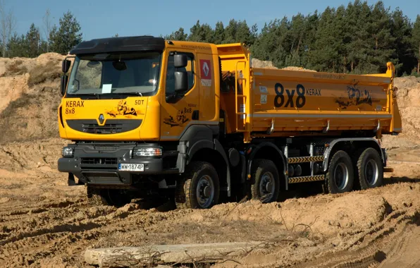 Orange, truck, Renault, 8x8, quarry, dump truck, four-axle, Renault Trucks