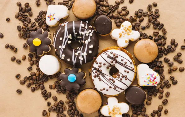 Cookies, donuts, dessert, coffee beans, cakes, sweet
