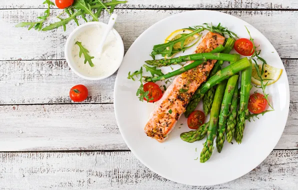 Lemon, plate, cherry, salmon, asparagus