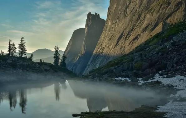 Picture landscape, mountains, nature, fog, lake, reflection, morning, ridge