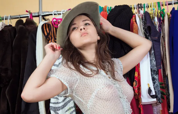 Girl, sexy, hat, blouse, Audrey, fitting