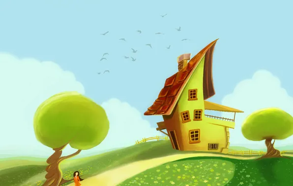 The sky, trees, landscape, flowers, girl, house, fairy house