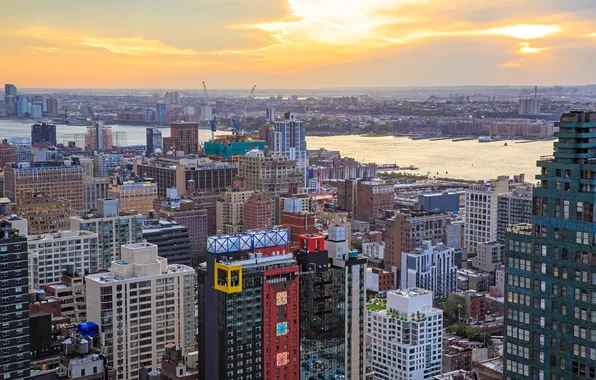 Dawn, New York, skyscrapers, panorama, Bay, USA, megapolis, Manhattan