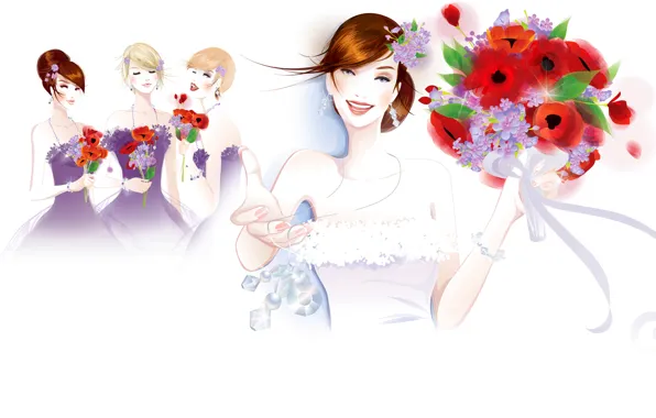 Decoration, flowers, fashion, the bride, smile, dresses, bouquets, girlfriend