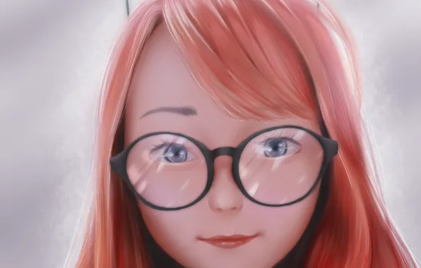 Face, smile, glasses, red, blue eyes, grey background, bangs, cat ears