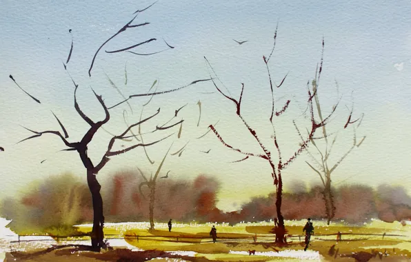 Picture trees, landscape, watercolor