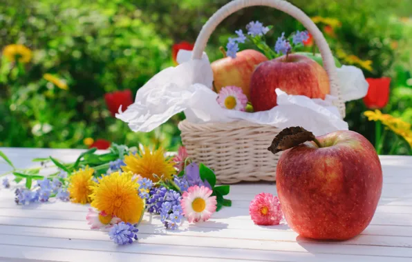 Flowers, apples, basket