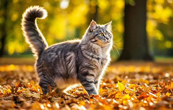Autumn, cat, cat, look, light, pose, Park, grey