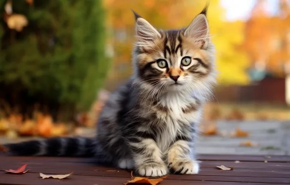 Autumn, cat, look, pose, kitty, grey, foliage, garden