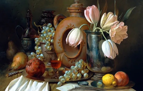 Flowers, Picture, dishes, fruit, still life